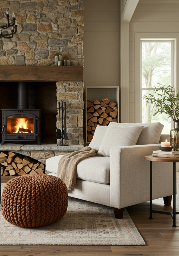 Cozy Loveseat with Rustic Fireplace Accents
