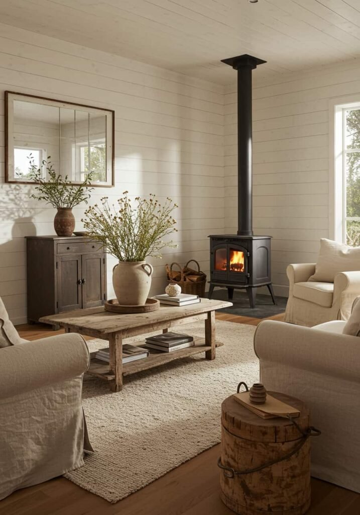 Shiplap Walls and Wood-Burning Stove for Farmhouse Comfort
