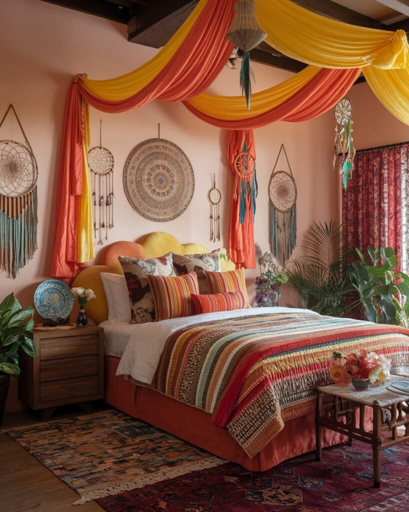 Bohemian Dream Bedroom with Vibrant Colors & Ethnic Accents
