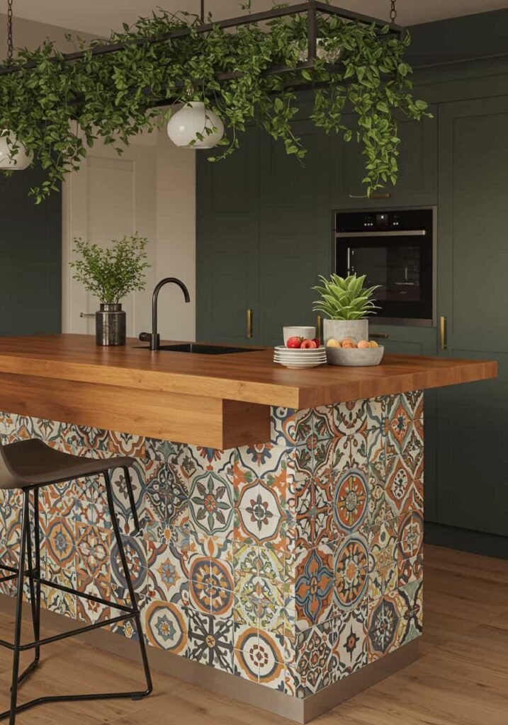 Boho-Inspired Kitchen Island with Mosaic Tiles
