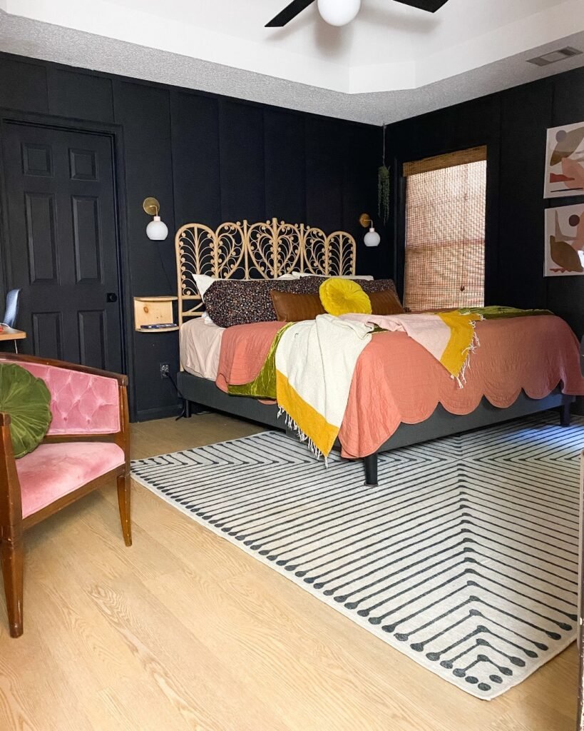 Bold Bohemian Bedroom with a Dark Accent
