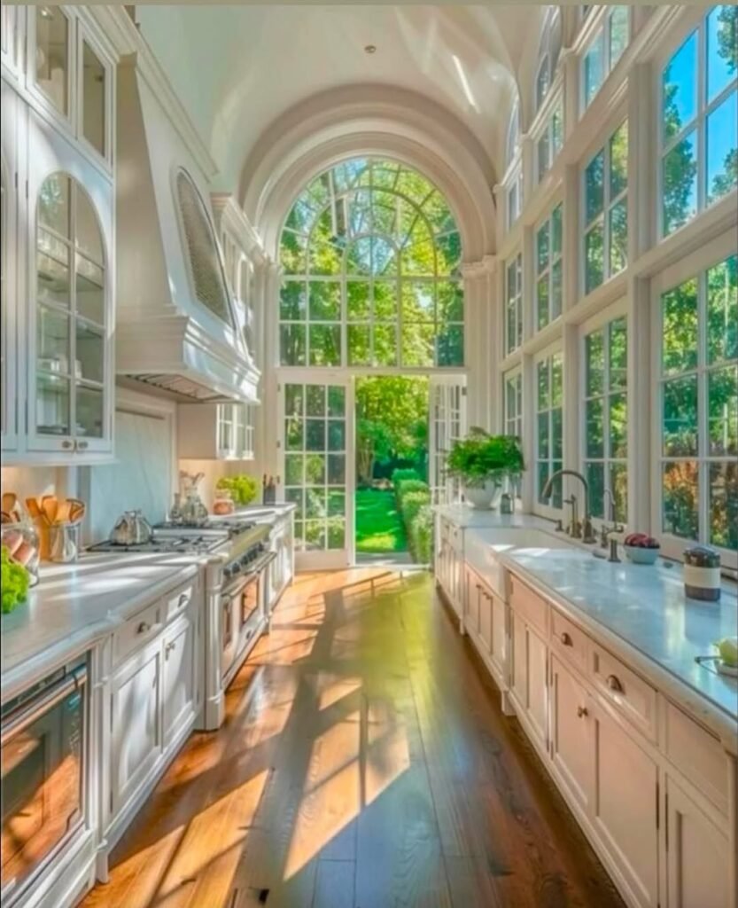 Breathtaking Sunlit Kitchen with Grand Arched Windows
