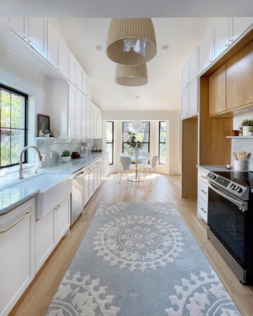 Bright and Airy Galley Kitchen with Scandinavian Elegance
