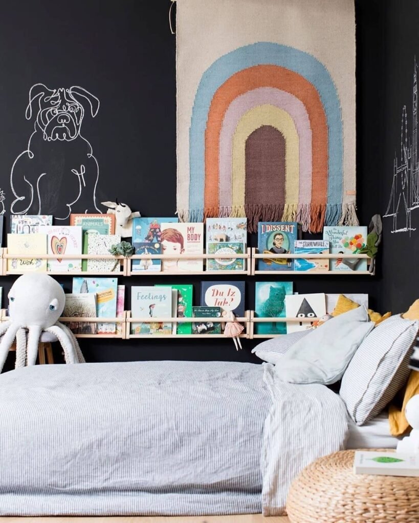 Chic & Creative Kids’ Room with a Bold Black Accent Wall
