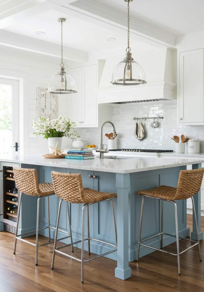 Coastal-Style Kitchen Island with Light Blue Accents
