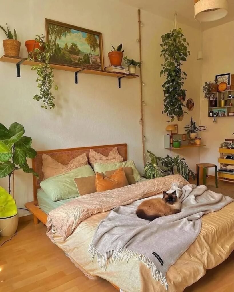 Cozy Bohemian Bedroom with Greenery & Warm Tones
