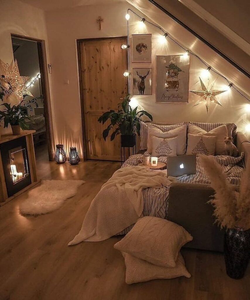 Cozy Bohemian Bedroom with Warm Ambient Lighting
