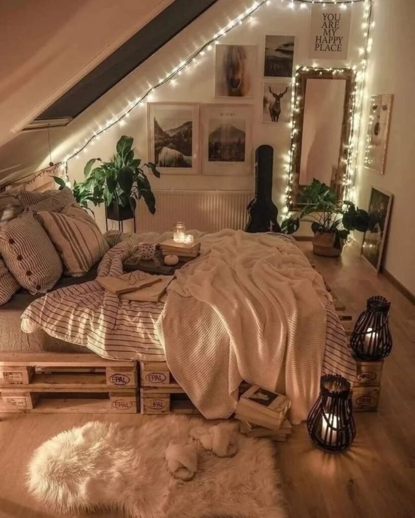 Cozy Boho Attic Bedroom with Warm Lighting
