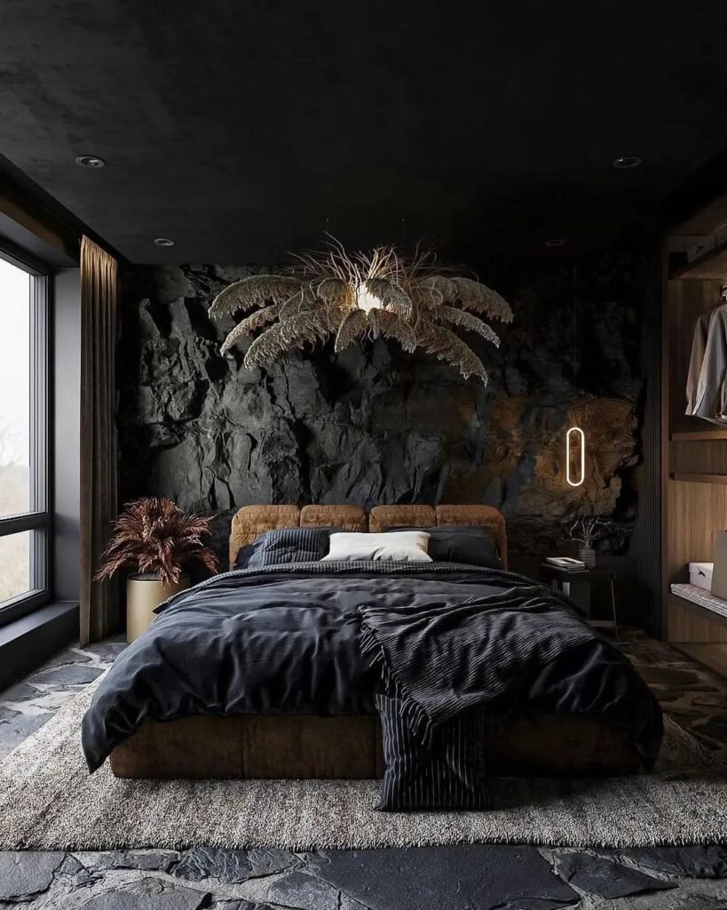 Dark Luxe A Bold and Nature-Inspired Master Bedroom
