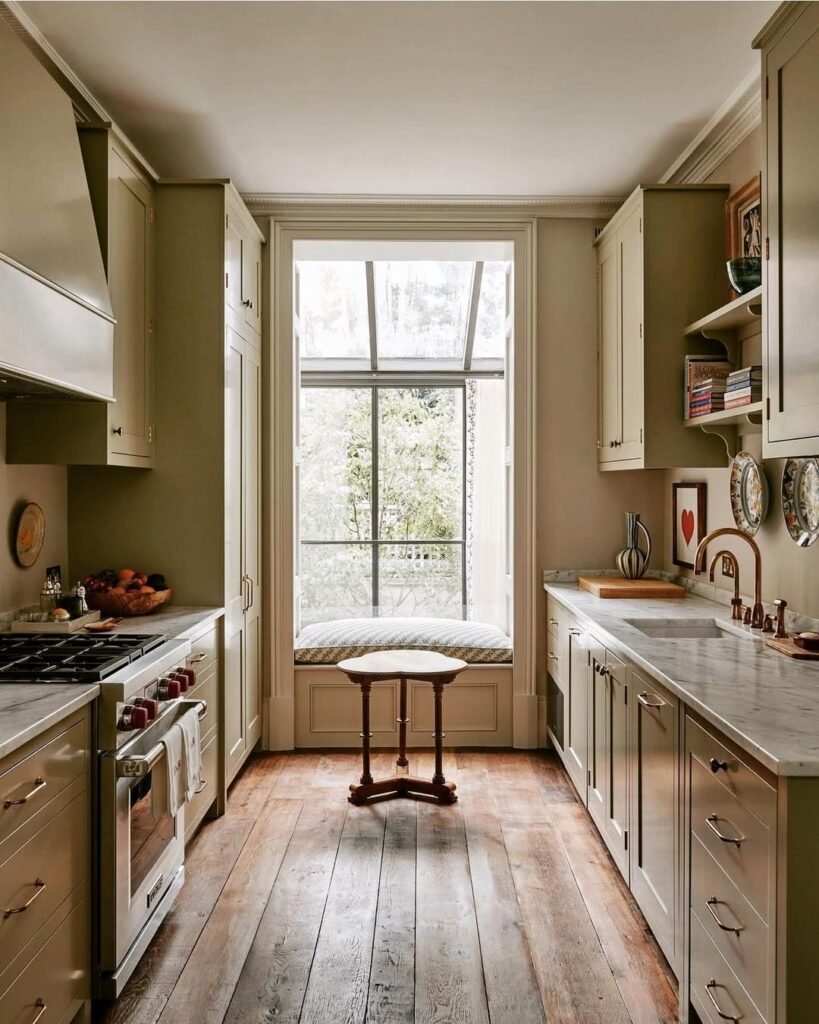 Elegant Vintage-Inspired Galley Kitchen with a Cozy Window Seat
