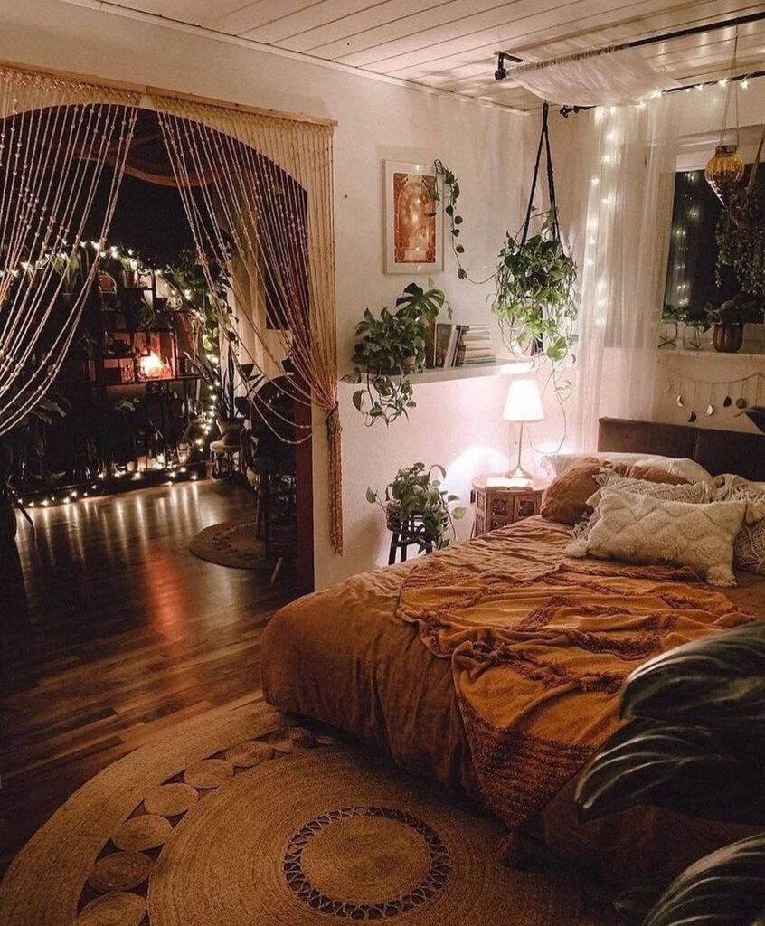 Enchanting Boho Bedroom with Warm Ambient Lighting
