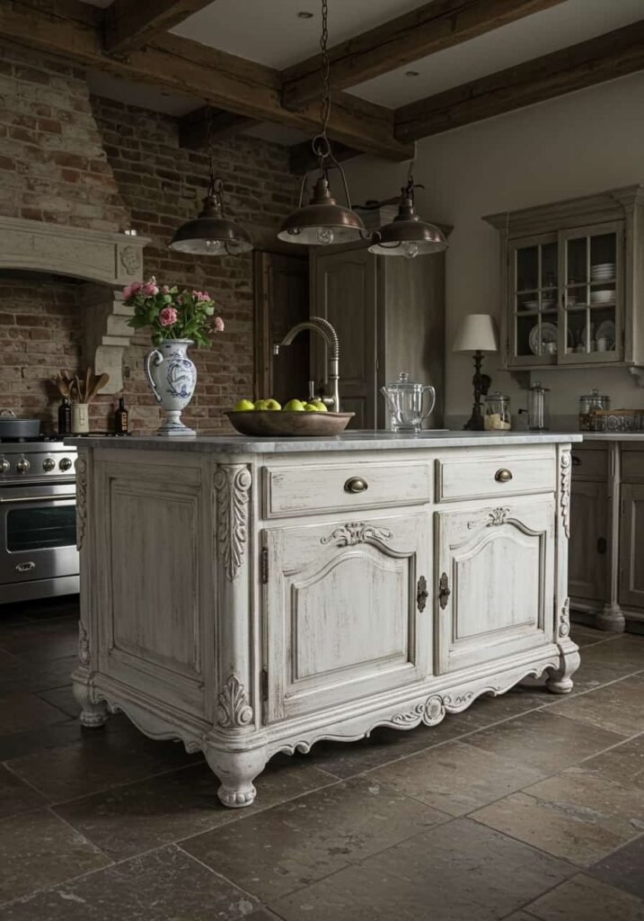  French Country Kitchen Island with Antique Details
