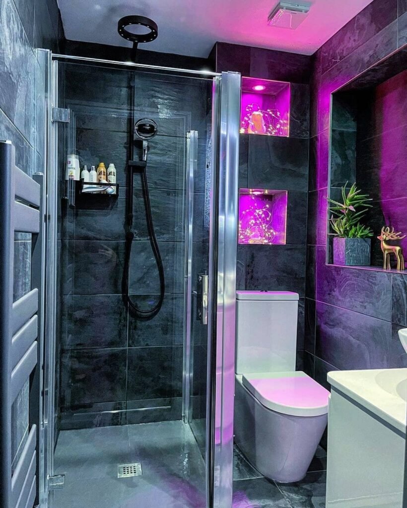 Futuristic & Bold A High-Contrast Bathroom with Neon Accents
