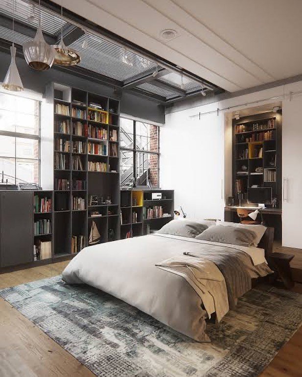 Industrial Loft Bedroom with a Cozy Library Vibe
