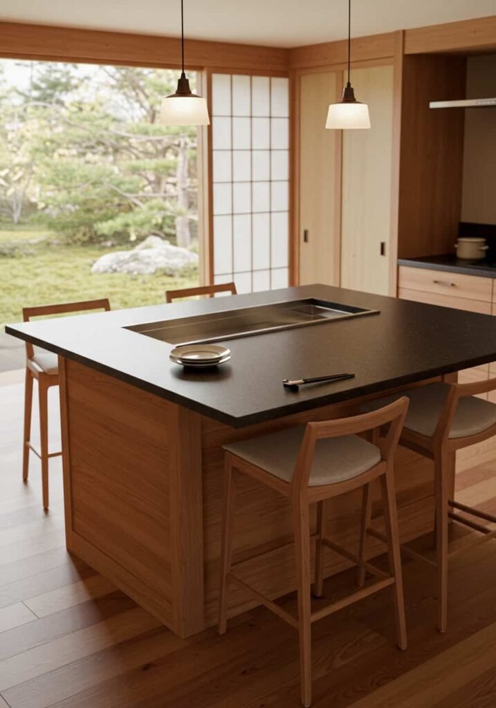 Japanese-Inspired Kitchen Island with Teppanyaki Grill
