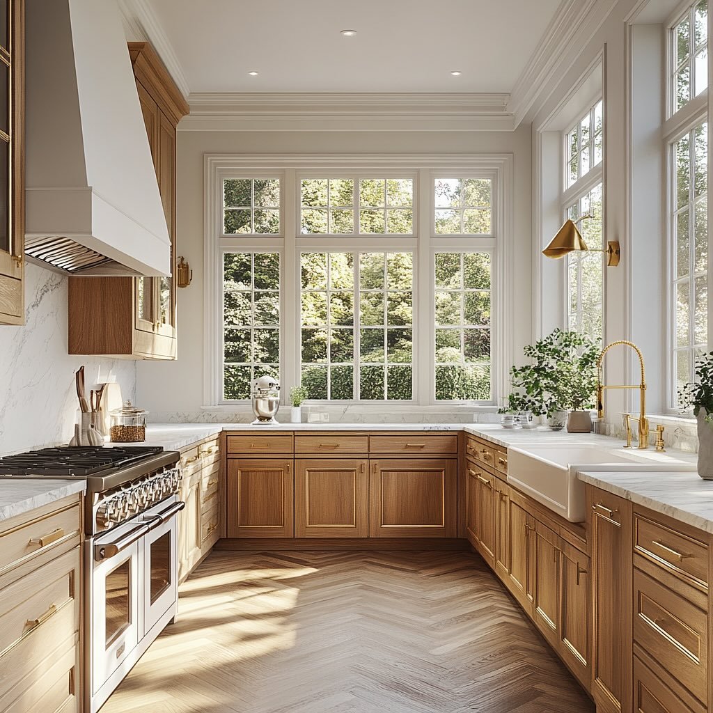 Luxurious Sunlit Kitchen with Natural Wood and Classic Elegance
