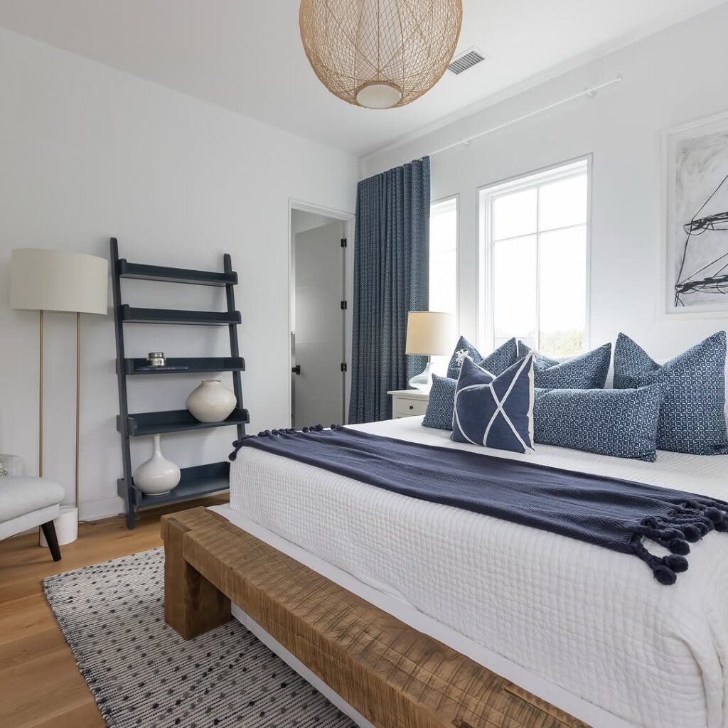 Modern Coastal Bedroom with Navy Accents

