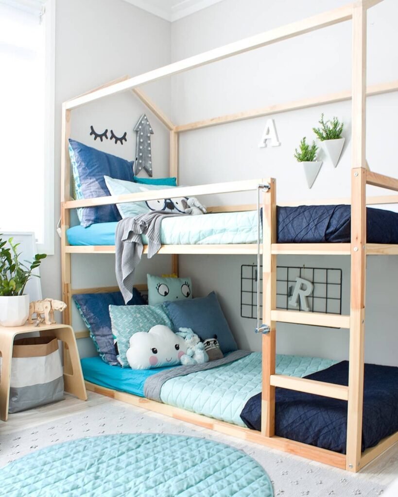 Modern House-Frame Bunk Bed Room in Cool Tones
