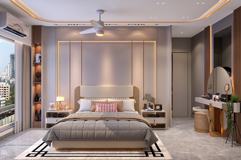 Modern Luxury Bedroom with Warm Accents and Sophisticated Lighting
