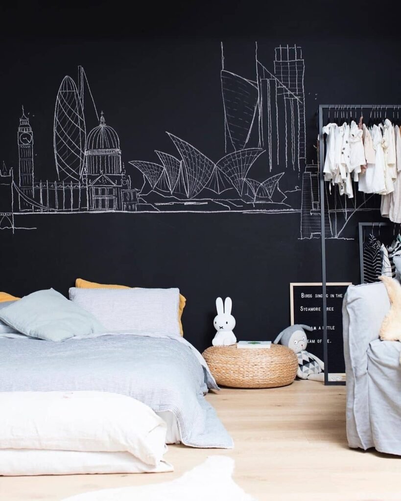 Modern Minimalist Kids' Room with Chalkboard Wall
