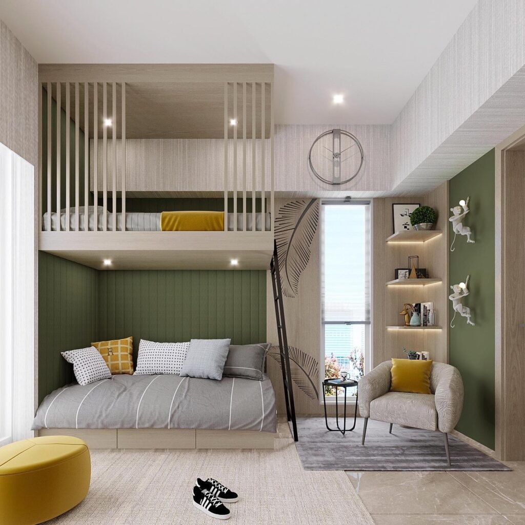 Modern and Nature-Inspired Toddler Bunk Room
