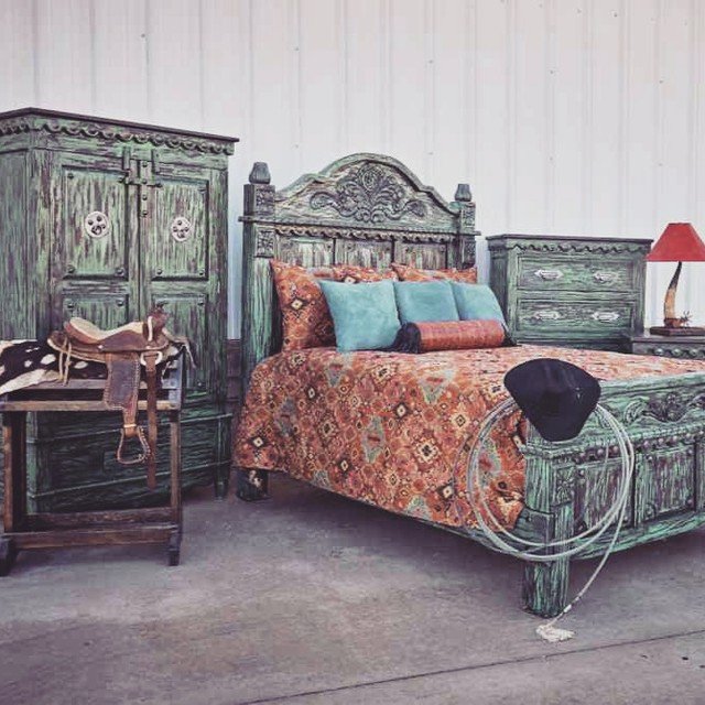 Rustic Western Bedroom with Distressed Wood Furniture
