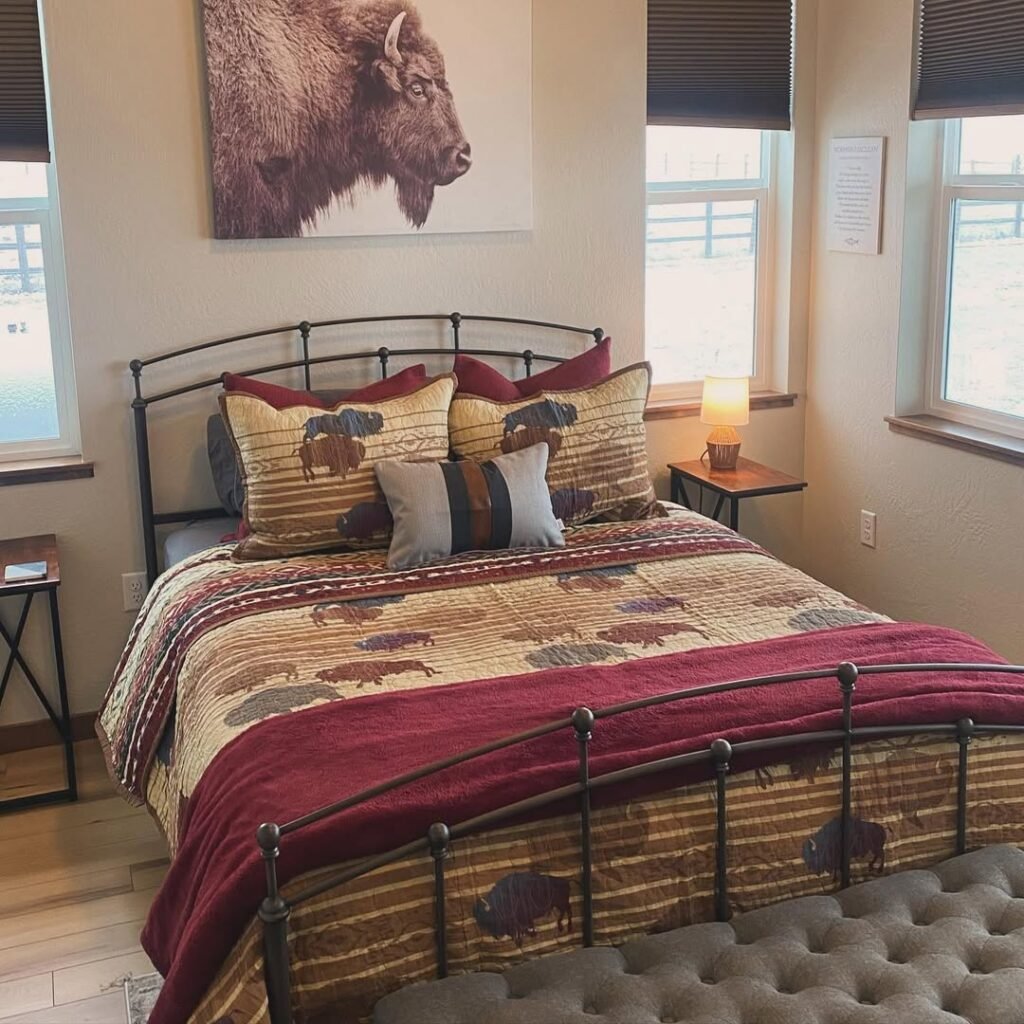 Rustic Western Bedroom with a Buffalo-Inspired Theme
