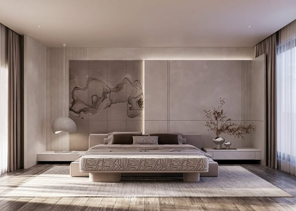 Serene Minimalist Master Bedroom with Artistic Accents
