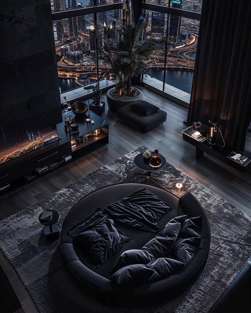 Skyline Noir A Futuristic and Luxurious Penthouse Bedroom
