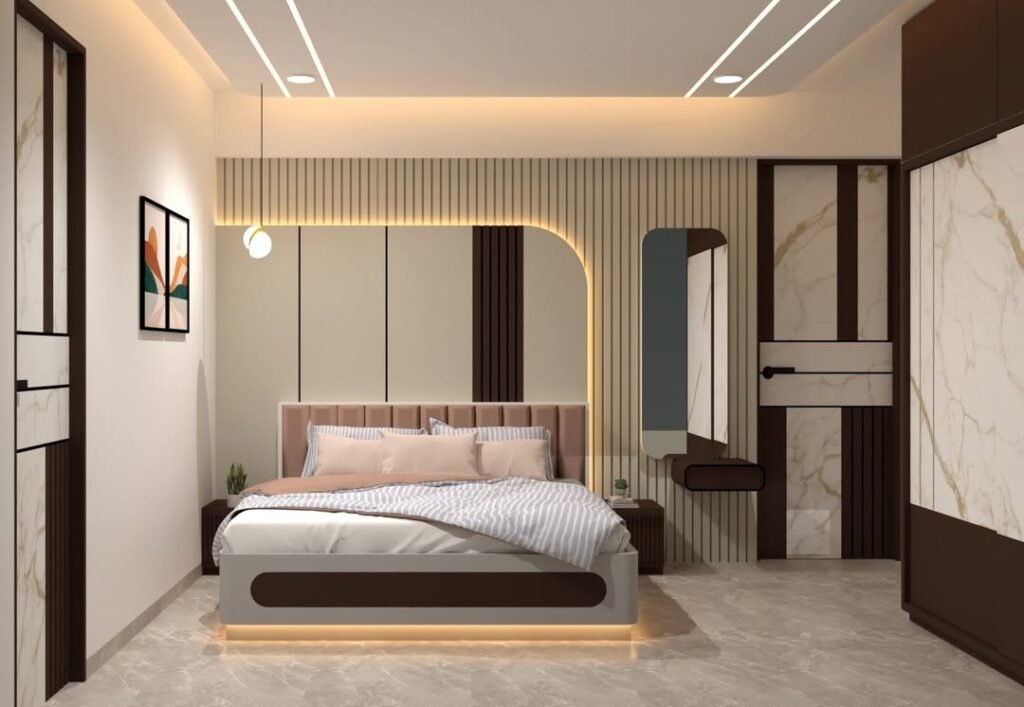 Sleek and Contemporary Bedroom with Warm Accents
