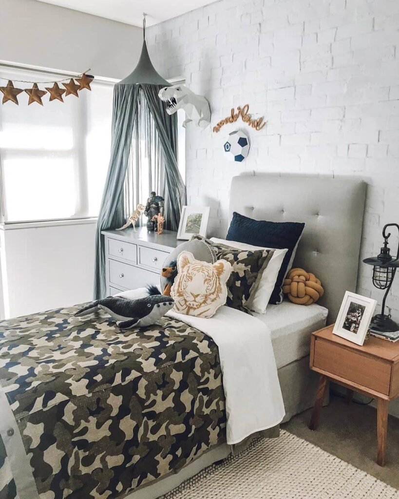 Stylish Adventure-Themed Boys' Room with Camo Accents
