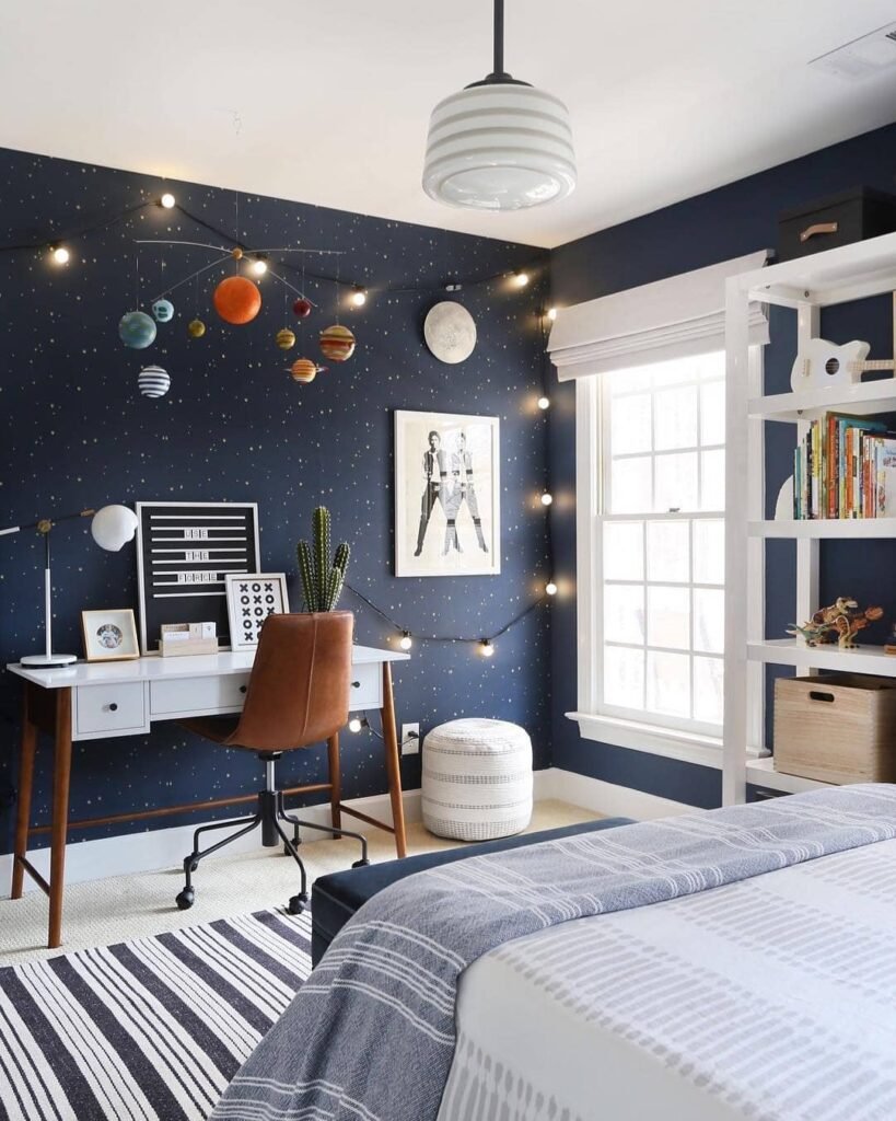 Stylish Space-Themed Kids' Room with Cosmic Decor
