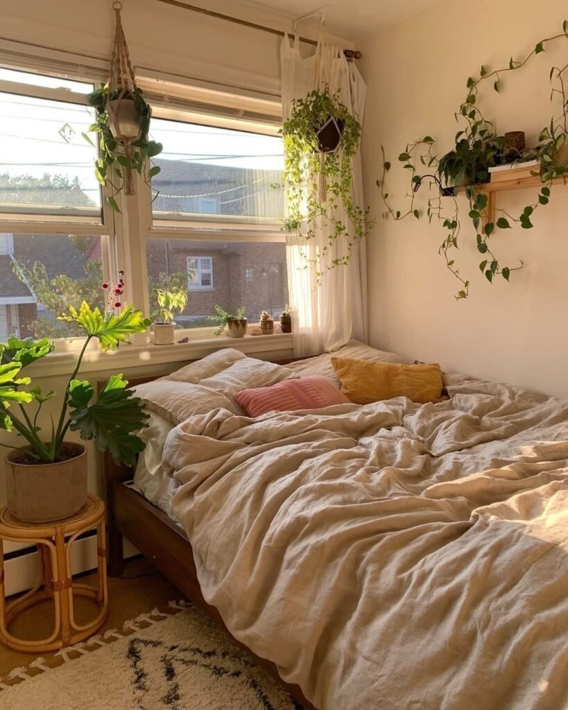 Sunlit Boho Bedroom A Cozy Plant-Filled Retreat
