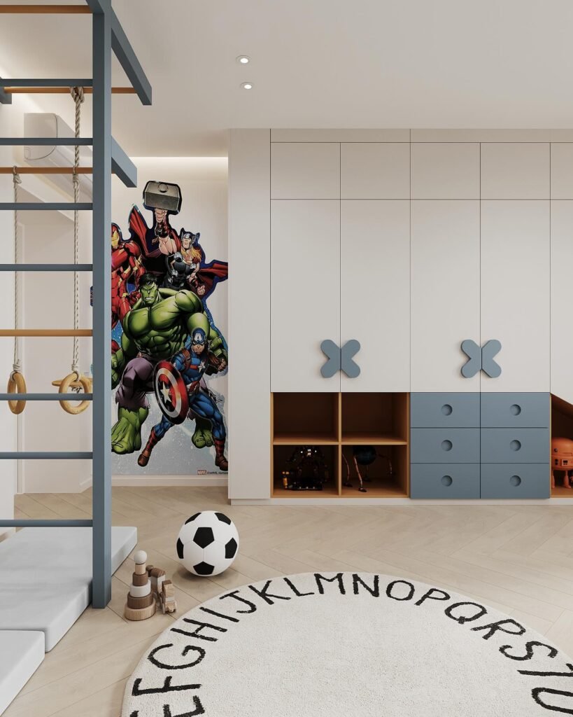 Superhero-Inspired Boys' Bedroom with Playful Elements
