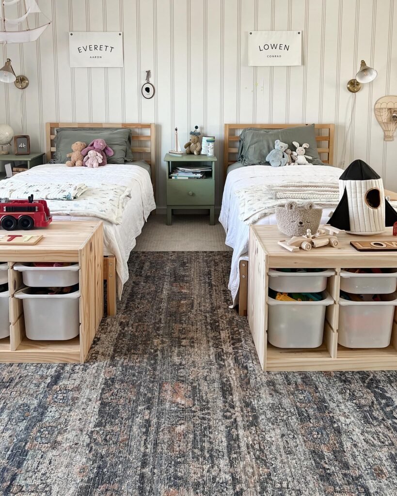 Timeless and Organized Shared Toddler Bedroom
