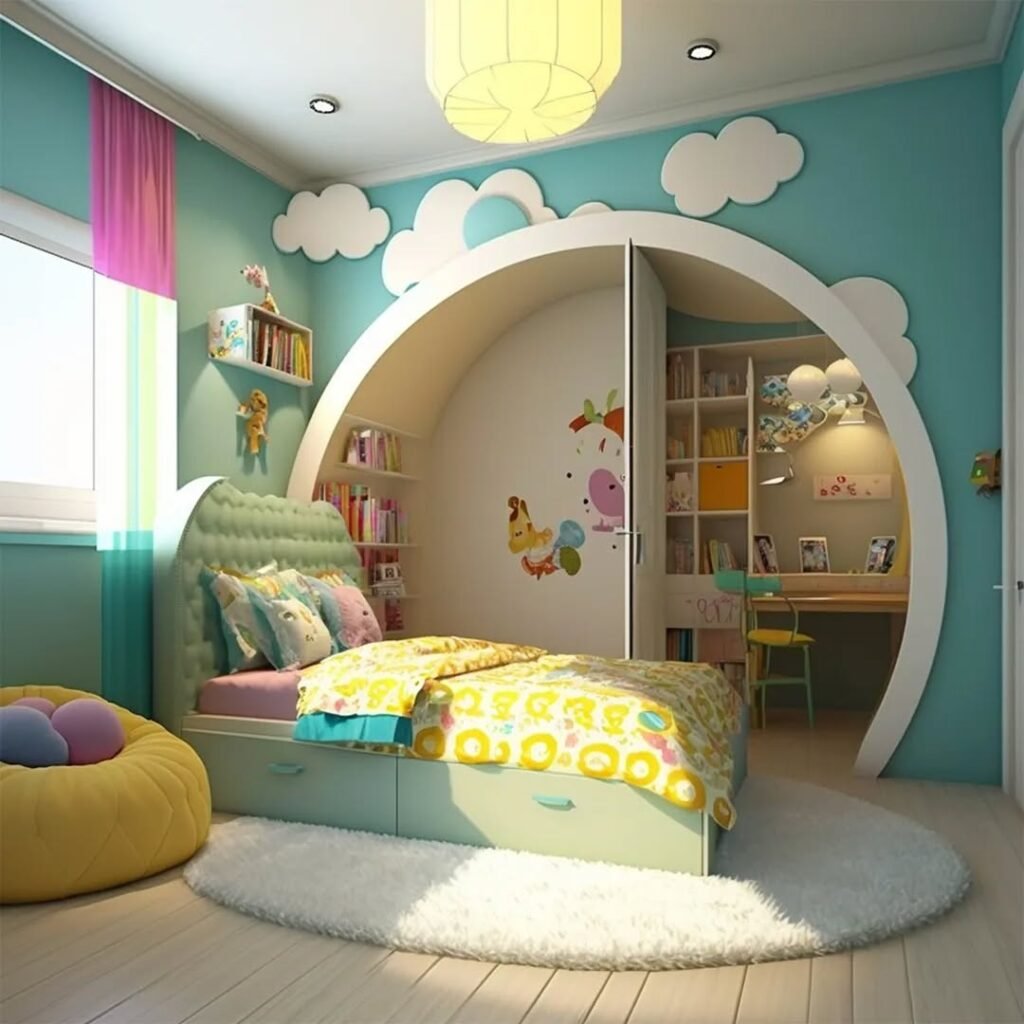 Whimsical and Colorful Toddler Bedroom with Hidden Study Nook
