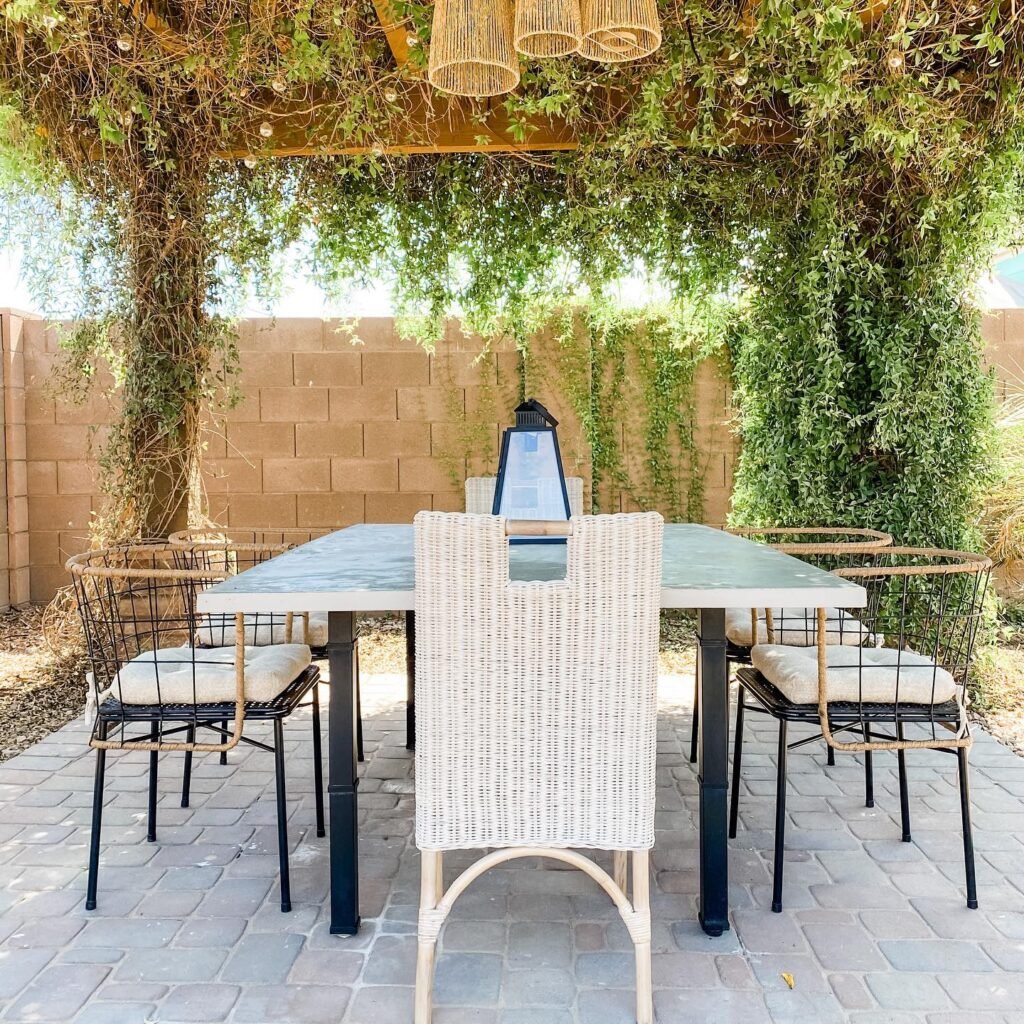 Cozy Outdoor Dining Under Greenery
