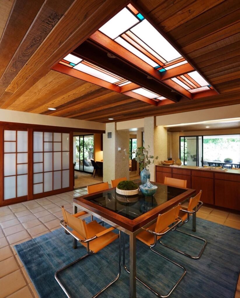 Mid-Century Modern Dining Room with Artistic Skylight
