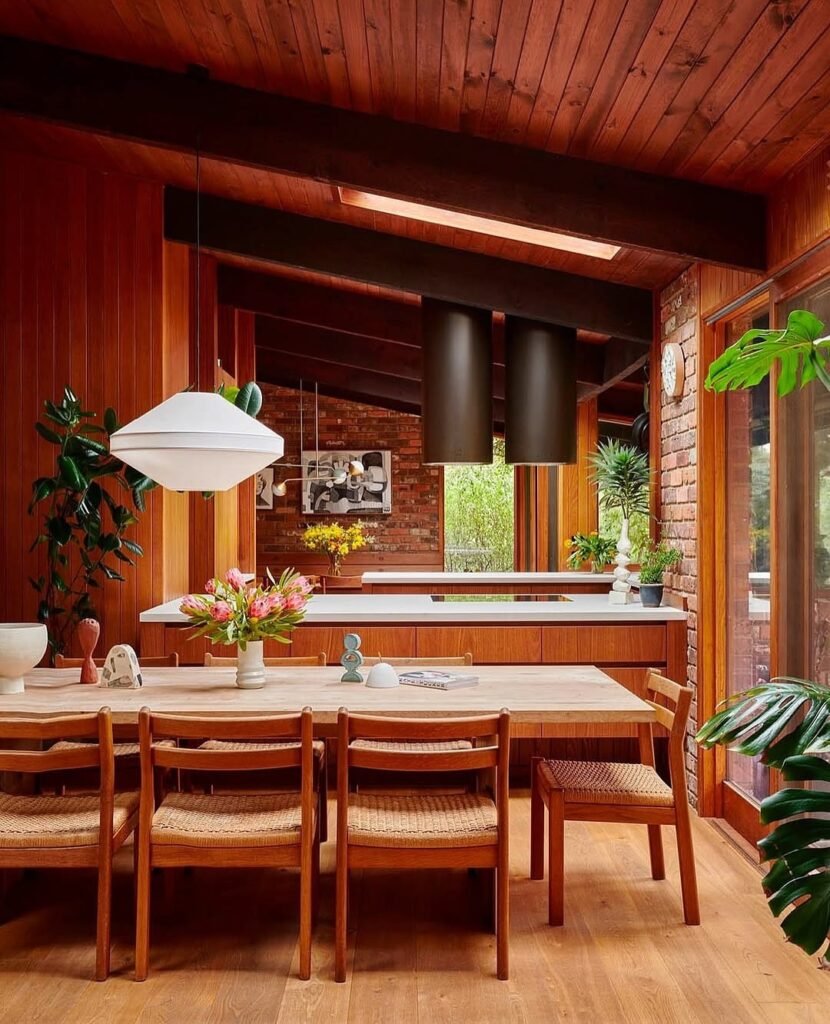 Rustic Mid-Century Modern Dining Room with Warm Wood Tones
