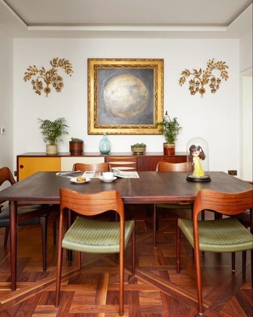 Vintage Mid-Century Modern Dining Room with Artistic Elegance
